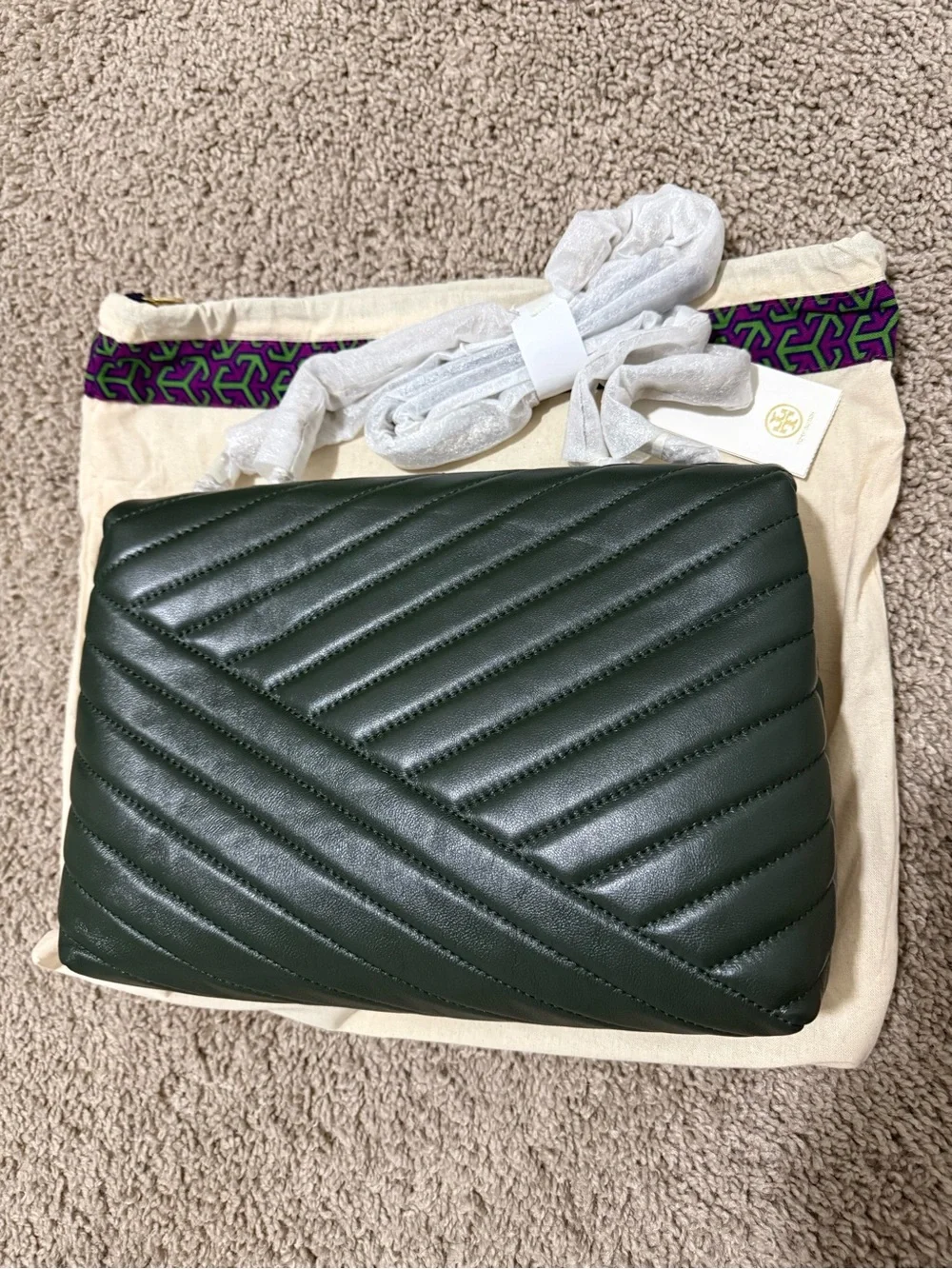 Tory Burch Dark Green and White Quilted Leather Shoulder Bag with Gold Logo